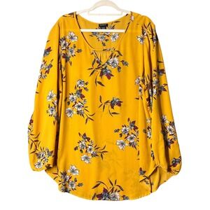 Torrid Floral Blouse Womens 3 3X Yellow‎ Long Sleeve Keyhole Neck Plus Size Top